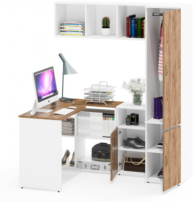 Лидер-8 Стол + Полка + Тумба МД 3.19 + Пенал МД 23Б, цвет белый шагрень/крафт золото, ШхГхВ 245х50х75/190 или 115х160/50х75/190 см., НЕ ун. сб.