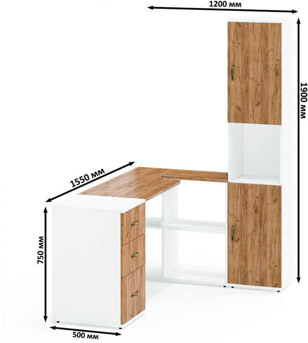 Лидер-8 Стол + Тумба МД 3.16 + Пенал, цвет белый шагрень/крафт золото, ШхГхВ 245х50/30х75/190 см. или 115х50/160х75/190 см., НЕ универсальная сборка
