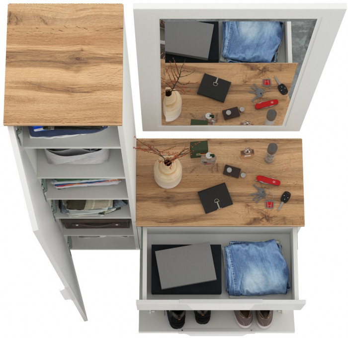 Октава Прихожая 42, цвет белый шагрень/дуб крафт золотой/фасады МДФ белый шагрень, ШхГхВ 97,1х35,4х197,6 см., универсальная сборка