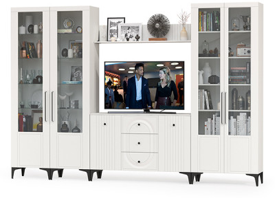 Валенсия Гостиная № 104, цвет ЛДСП белый шагрень/МДФ белый шагрень, ШхГхВ 327,3х38,4х225,2 см., ниша для ТВ 133х38х100 см., универсальная сборка