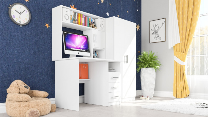 Стол компьютерный С-МД-СК9+Шкаф С-МД-СК9Ш, цвет белый шагрень, ШхГхВ 172х70х160 см., НЕ универсальная сборка