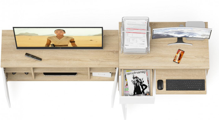 Мори компьютерный стол МС-1 левый + Тумба МТВ1200.1, дуб сонома/белый