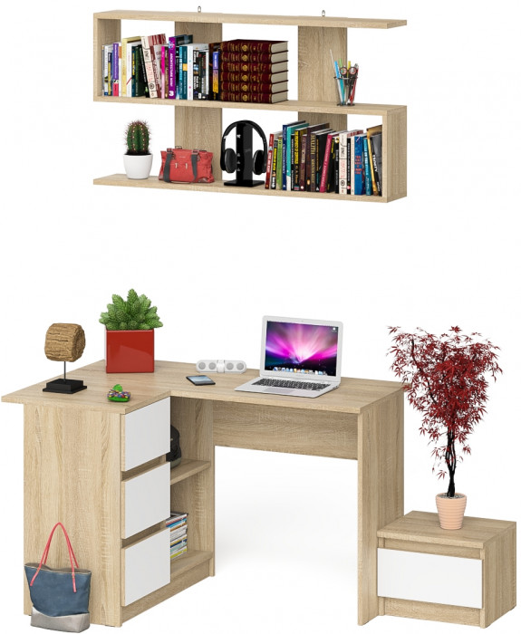 Мори Стол компьютерный МС-16 левый + Тумба ТМП400.1 + Полка 1200, цвет дуб сонома/белый, ШхГхВ 164,8х84,9х209,6 см., НЕ универсальная сборкаа