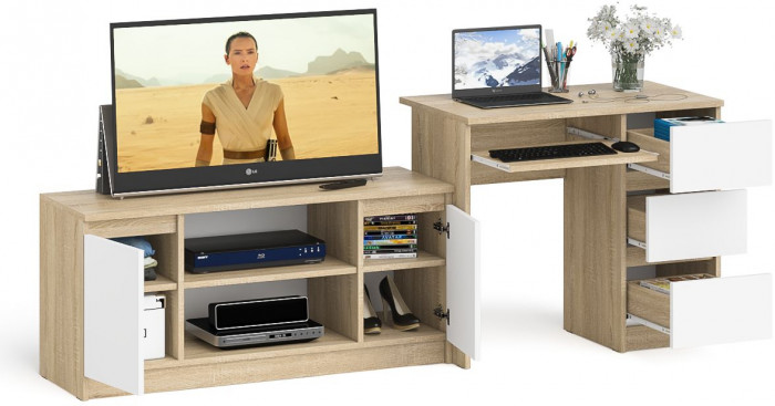 Мори Стол компьютерный МС-6 правый + Тумба МТВ1200.1, цвет дуб сонома/белый, ШхГхВ 210,4х50х76,6 см., выдвижные ящики справа, НЕ универсальная сборка
