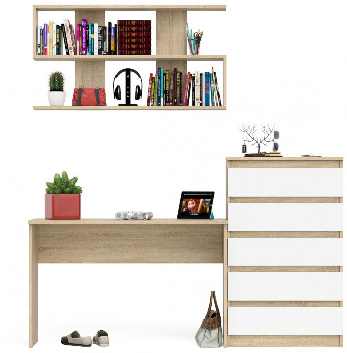 Мори Стол письменный МСП1200.1 + Комод МК700.5 + Полка 1200, цвет дуб сонома/белый, ШхГхВ 190,8х50х209,6 см., универсальная сборка