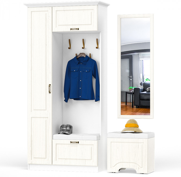 Ливерпуль Прихожая 13.21 + карниз 1000 + Зеркало 03.242 + Пуф 14.02, ясень ваниль/белый