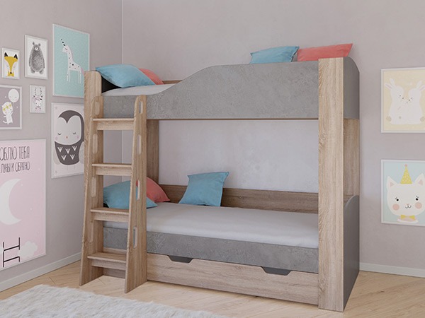 Кровать двухъярусная АСТРА 2 Сонома/Железный Камень с ящиком