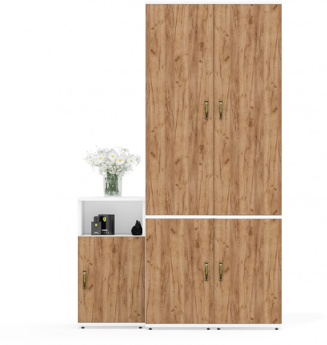 Лидер-8 Пенал МД 21Б + Пенал МД 21Б + Тумба МД 3.19, цвет белый шагрень/крафт золото, ШхГхВ 120х37,5х190 см., универсальная сборка