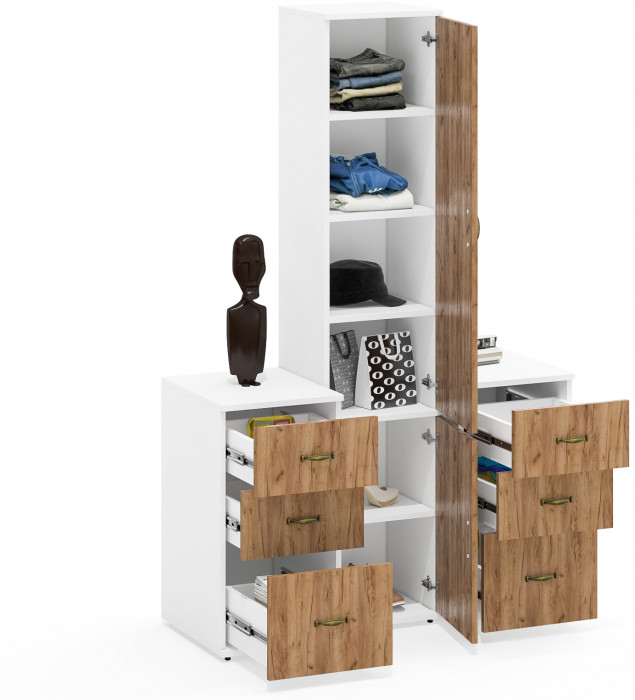 Лидер-8 Пенал МД 22Б + Тумба МД 3.16 + Тумба МД 3.16, цвет белый шагрень/крафт золото, ШхГхВ 120х50х190 см., универсальная сборка