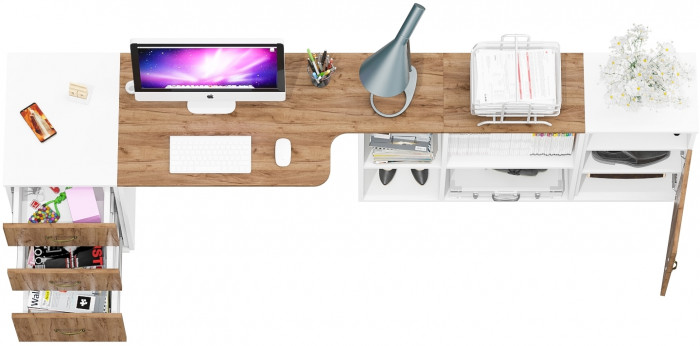 Лидер-8 Стол + Тумба МД 3.16 + Тумба МД 3.19, цвет белый шагрень/крафт золото, ШхГхВ 245х50/30х75 см. или 115х50/160х75 см., НЕ универсальная сборка