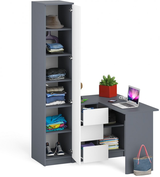 Мори Стол компьютерный МС-16 левый + Пенал МШ400.1, цвет графит/белый, ШхГхВ 164,8х84,9х209,6 см., выдвижные ящики слева, НЕ универсальная сборка