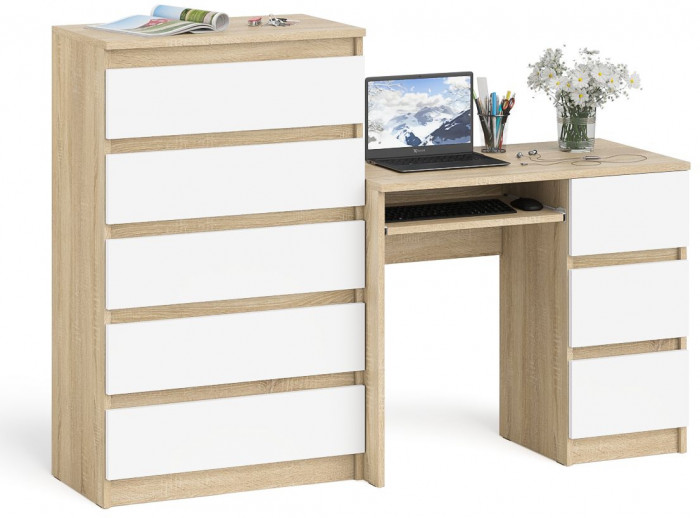 Мори Стол компьютерный МС-6 правый + Комод МК700.5, цвет дуб сонома/белый, ШхГхВ 160,4х50х114 см., выдвижные ящики справа, НЕ универсальная сборка