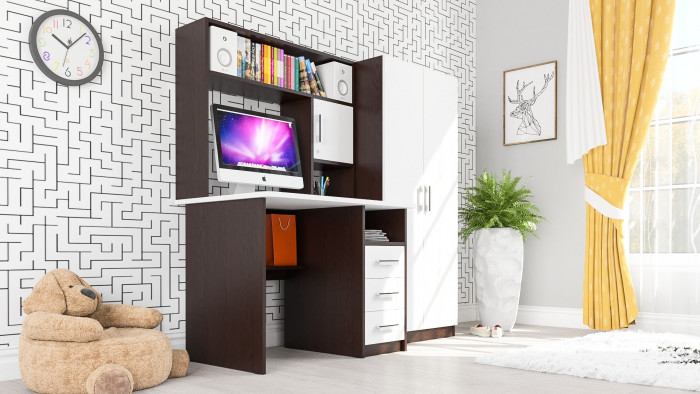 Стол компьютерный С-МД-СК9+Шкаф С-МД-СК9Ш, цвет венге/белый шагрень, ШхГхВ 172х70х160 см., НЕ универсальная сборка
