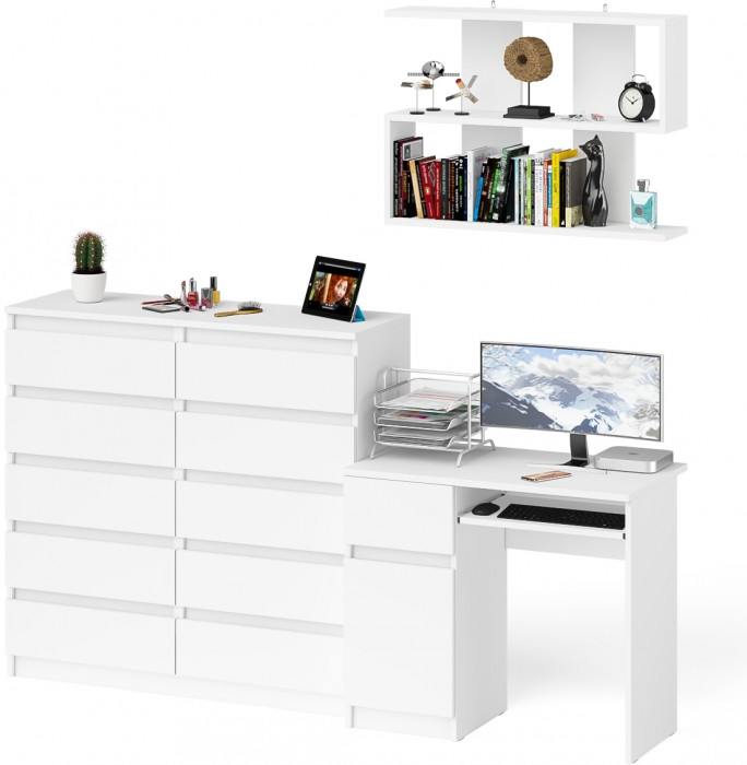 Мори компьютерный стол МС-1 левый + Комод МК1200.10 + Полка 900, белый
