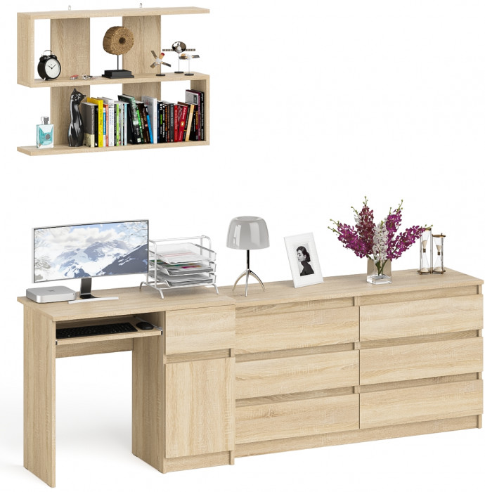 Мори компьютерный стол МС-1 правый + Комод МК1380.6 + Полка 900, дуб сонома