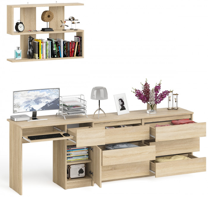 Мори компьютерный стол МС-1 правый + Комод МК1380.6 + Полка 900, дуб сонома