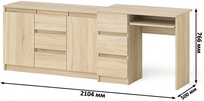 Мори компьютерный стол МС-6 левый + Комод МК1200.3, дуб сонома