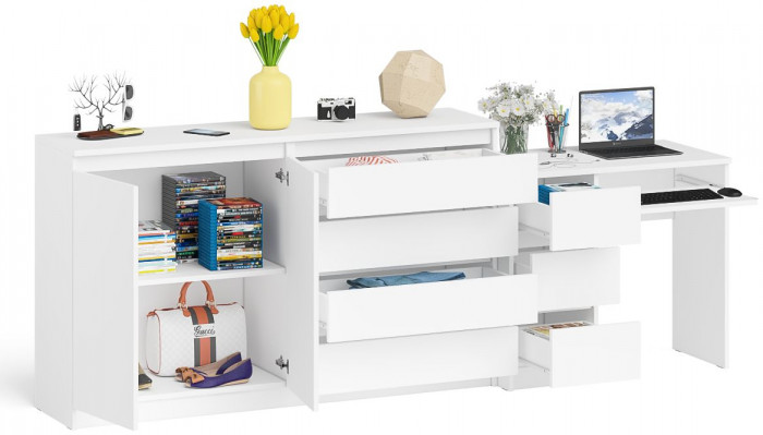 Мори Стол компьютерный МС-6 левый + Комод МК1600.1, цвет белый, ШхГхВ 250,4х50х94 см., выдвижные ящики слева, НЕ универсальная сборка