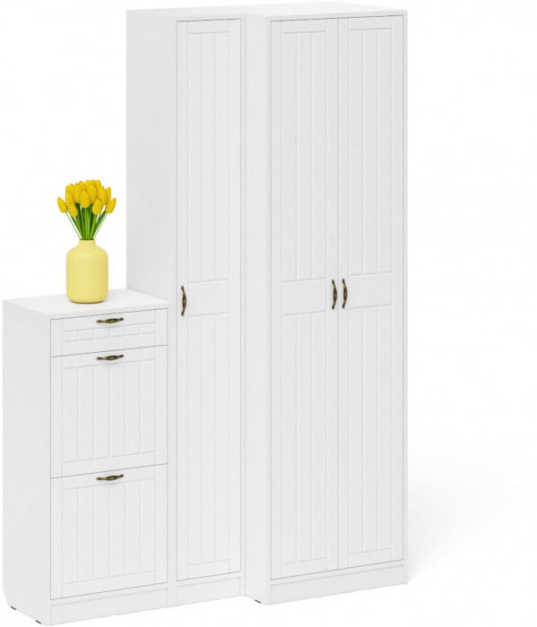 Прихожая П-6 Компоновка № 28, белая шагрень/фасады МДФ белое дерево фрезеровка прованс