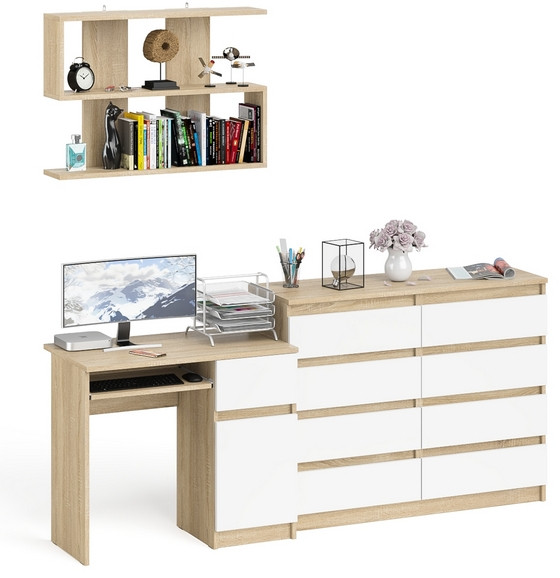 Мори компьютерный стол МС-1 правый + Комод МК1200.8 + Полка 900, дуб сонома/белый
