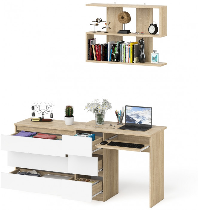 Мори компьютерный стол МС-6 левый + Комод МК800.1 + Полка 900, дуб сонома/белый