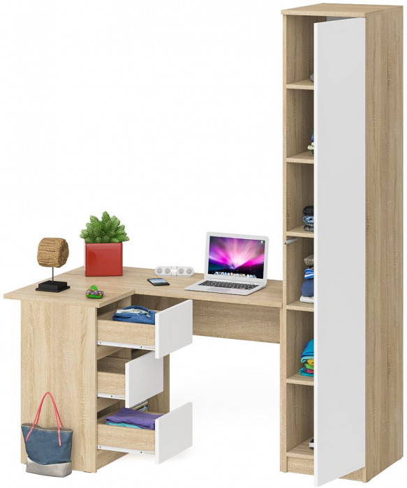 Мори Стол компьютерный МС-16 левый + Пенал МШ400.1, цвет дуб сонома/белый, ШхГхВ 164,8х84,9х209,6 см., выдвижные ящики слева, НЕ универсальная сборка
