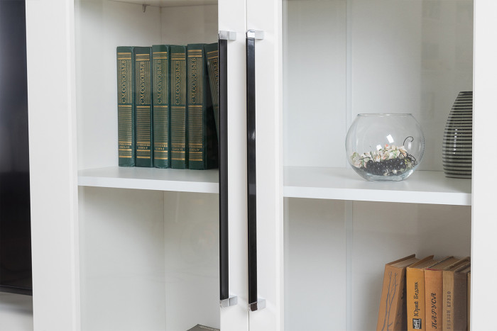 Валенсия Гостиная № 106, цвет ЛДСП белый шагрень/МДФ белый шагрень, ШхГхВ 327,3х38,4х225,2 см., ниша для ТВ 133х38х100 см., универсальная сборка