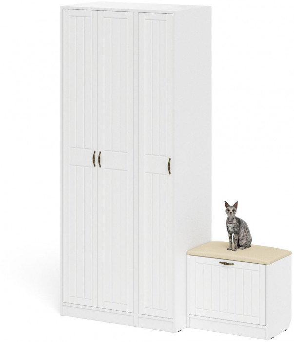 Прихожая П-6 Компоновка № 45, цвет белая шагрень/фасады МДФ белое дерево фрезеровка прованс, ШхГхВ 150х50х210 см., универсальная сборка