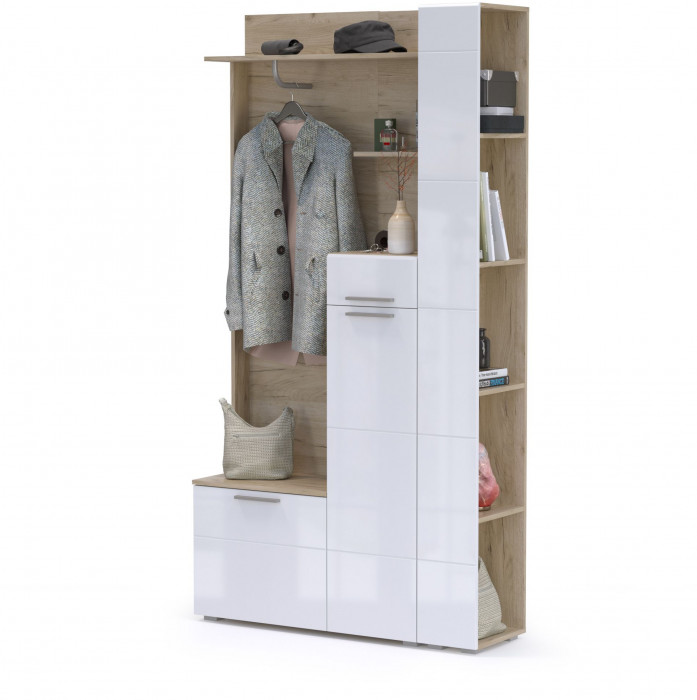 Лайн Прихожая № 06, цвет дуб крафт серый/фасады МДФ белый глянец, ШхГхВ 111,8х35,1х210 см., НЕ универсальная сборка