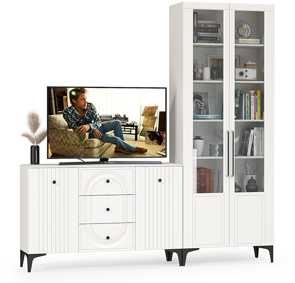 Валенсия Гостиная № 095, цвет ЛДСП белый шагрень/МДФ белый шагрень, ШхГхВ 217,3х38,4х225,2 см., универсальная сборка