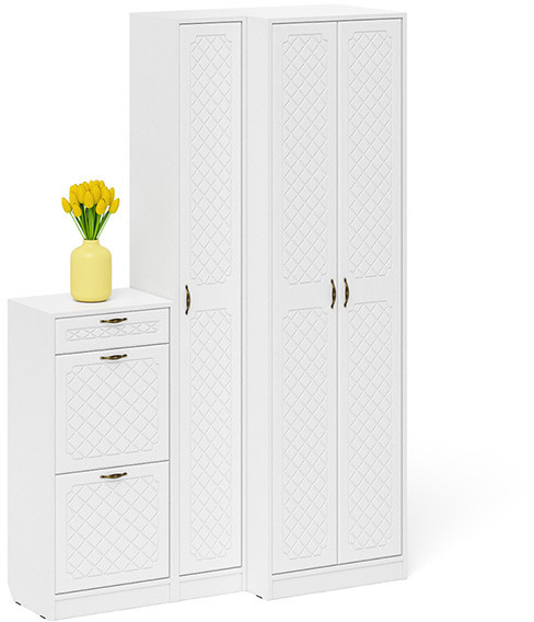 Прихожая П-6 Компоновка № 28, белая шагрень/фасады МДФ белое дерево фрезеровка ромб