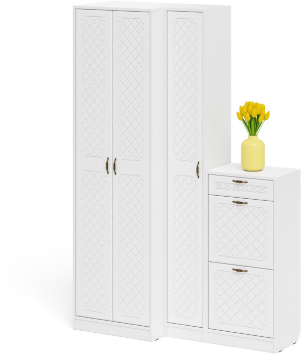 Прихожая П-6 Компоновка № 28, белая шагрень/фасады МДФ белое дерево фрезеровка ромб