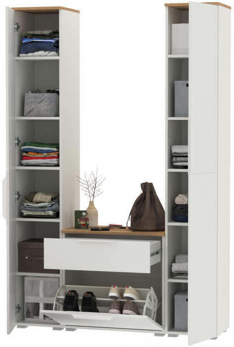 Октава Прихожая 17, цвет белый шагрень/дуб крафт золотой/фасады МДФ белый шагрень, ШхГхВ 129,3х35,4х197,6 см., универсальная сборка