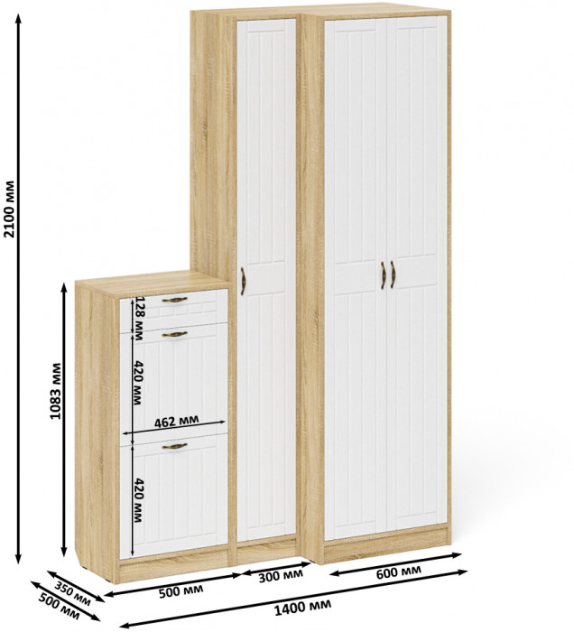 Прихожая П-6 Компоновка № 28, цвет дуб сонома/фасады МДФ белое дерево фрезеровка прованс, ШхГхВ 140х50х210 см., универсальная сборка