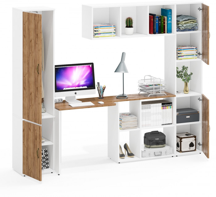 Лидер-8 Пенал МД 21Б + Стол + Полка + Пенал, цвет белый шагрень/крафт золото, ШхГхВ 245х50х75/190 или 155х120/50х75/190 см., НЕ универсальная сборка