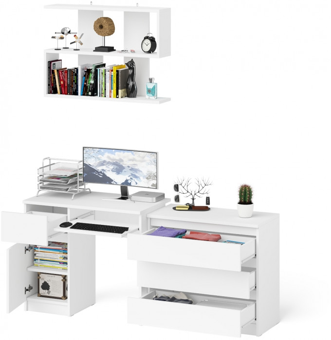 Мори Стол компьютерный МС-1 левый + Комод МК800.1 + Полка 900, цвет белый, ШхГхВ 170,4х50х209,6 см., НЕ универсальная сборка
