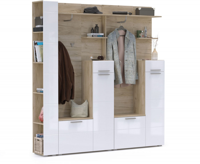 Лайн Прихожая № 07, цвет дуб крафт серый/фасады МДФ белый глянец, ШхГхВ 201,6х35,1х210 см., НЕ универсальная сборка