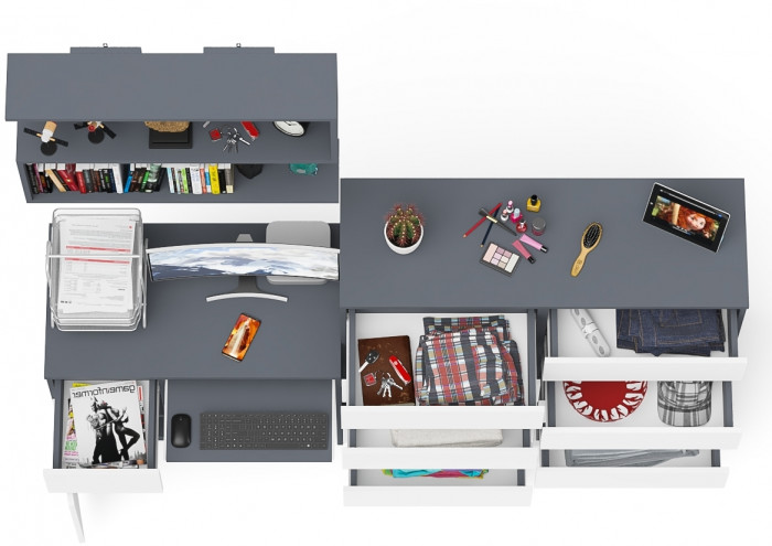 Мори Стол компьютерный МС-1 левый + Комод МК1200.10 + Полка 900, цвет графит/белый, ШхГхВ 210,4х50х209,6 см., НЕ универсальная сборка