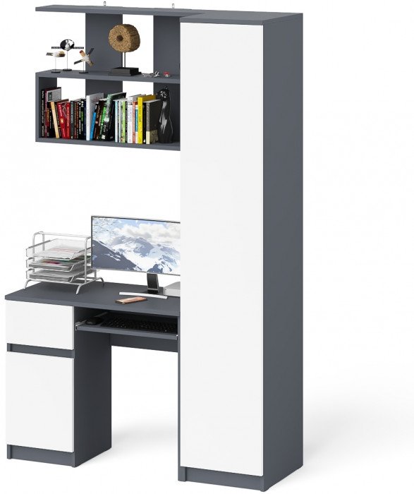 Мори Стол компьютерный МС-1 левый + Пенал МШ400.1 + Полка 900, цвет графит/белый, ШхГхВ 130,4х50,4х209,6 см., НЕ универсальная сборка