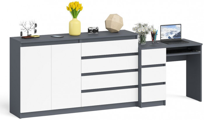 Мори Стол компьютерный МС-6 левый + Комод МК1600.1, цвет графит/белый, ШхГхВ 250,4х50х94 см., выдвижные ящики слева, НЕ универсальная сборка