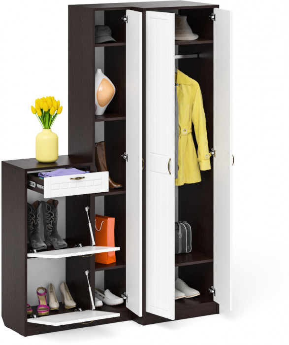 Прихожая П-6 Компоновка № 28, венге/фасады МДФ белое дерево фрезеровка прованс