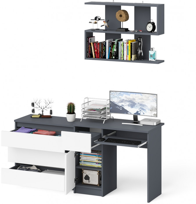 Мори Стол компьютерный МС-1 левый + Комод МК800.1 + Полка 900, цвет графит/белый, ШхГхВ 170,4х50х209,6 см., НЕ универсальная сборка