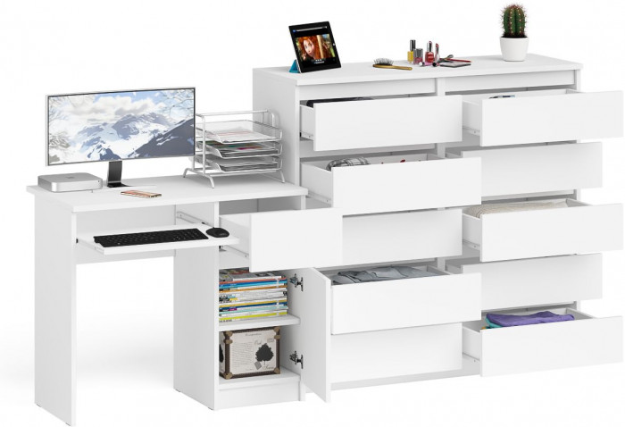 Мори Стол компьютерный МС-1 правый + Комод МК1200.10, цвет белый, ШхГхВ 210,4х50х115 см., выдвижной ящик справа, НЕ универсальная сборка