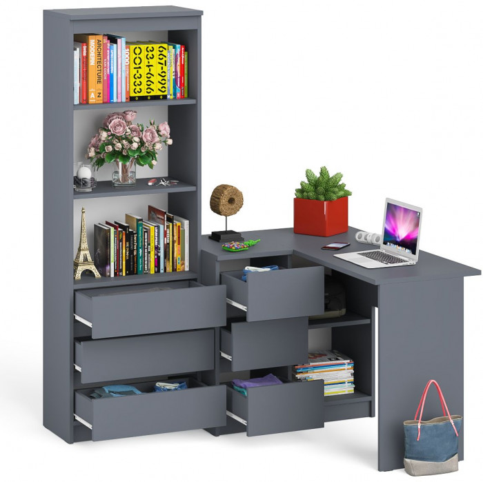 Мори Стол компьютерный МС-16 левый + Стеллаж МСТ600.3, цвет графит, ШхГхВ 184,8х84,9х179,6 см., выдвижные ящики слева, НЕ универсальная сборка