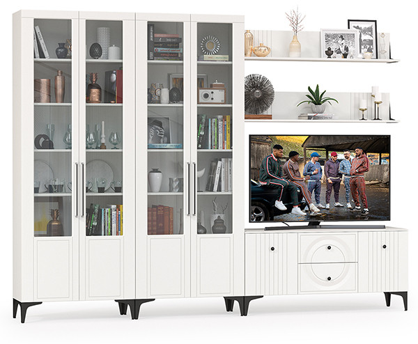 Валенсия Гостиная № 075, ЛДСП белый шагрень/МДФ белый шагрень