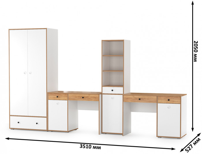 Вуди Компоновка № 29, цвет белый премиум/дуб крафт золотой, ШхГхВ 351х52,7х205 см., универсальная сборка