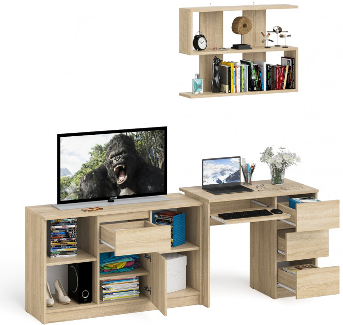 Мори Стол компьютерный МС-6 правый + Тумба МТВ1204.1 + Полка 900, цвет дуб сонома, ШхГхВ 210,4х50х209,6 см., НЕ универсальная сборка