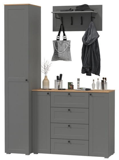 Остин Прихожая 21, цвет серый графит/дуб крафт золотой, ШхГхВ 160х54,3х229,6 см., универсальная сборка