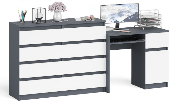 Мори компьютерный стол МС-1 правый + Комод МК1200.8, графит/белый