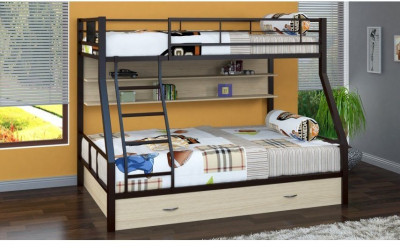 Двухъярусная кровать Гранада-1ПЯ, коричневая / Дуб (Дуб молочный, Черный)